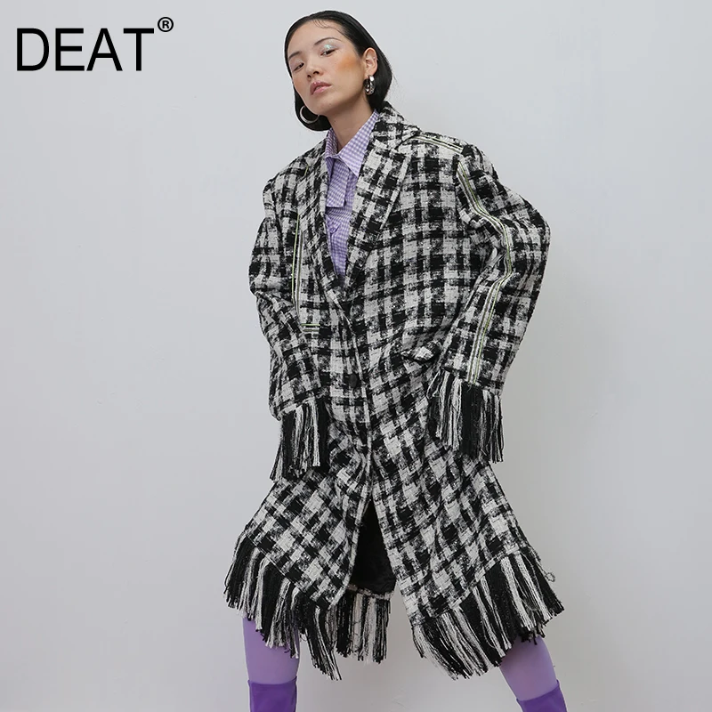 

DEAT 2020 New Spring Suit Collar Single Breasted Mid-length Coat Women Vintage Loose Bright Silk Tassel Coat Female Tide PD256