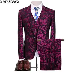 (Куртка + жилет + штаны) цветочный костюм из 3 предметов Slim Fit Для мужчин 2017 Роза цветочным узором свадебные Slim Fit вечерние костюмы для