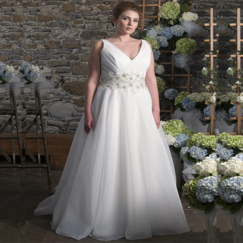 

Elegant V-neck Sleeveless Plus Size Wedding Dress Beading Pearls Organza A Line Bridal Gowns Wedding Dresses for Big Women