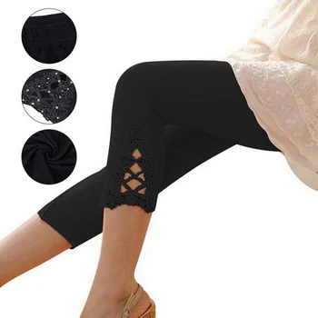

3Pcs/set Fashion Women's Leggings Lace Modal Pants Summer Crocheted Skinny Stretch Cropped Capri Pant 3/4 Length Pants