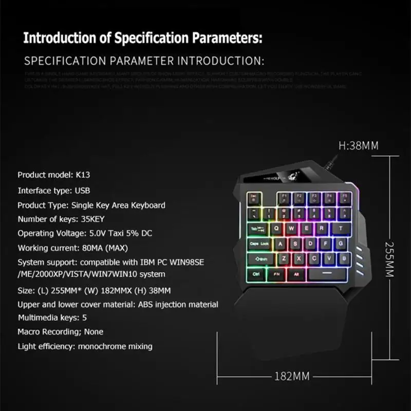 K13 USB проводной одной рукой Gaming Keyboard сандалии смешанных цветов с подсветкой; большие размеры 35-клавиши клавиатуры для ПК настольный компьютер