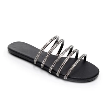 

2020 Summer Open Toe Ribbon Rhinestone Flats Sandals Slippers Shoes Woman