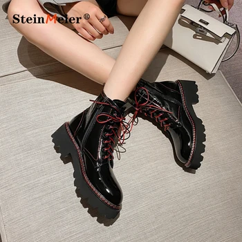 

Women Winter Ankle Boots Genuine Leather Woman shoes 2020 Fashion Thick High Heels Round Toe Lace-up Short Ladies Boots