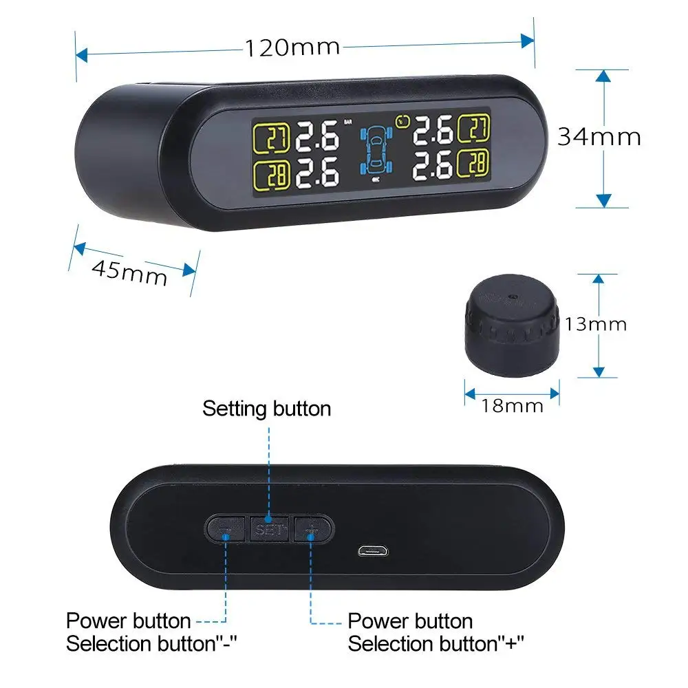 Система контроля давления в шинах TPMS на солнечных батареях, HD цифровой ЖК-дисплей, инструмент автоматической сигнализации, беспроводной 4 внешних датчика