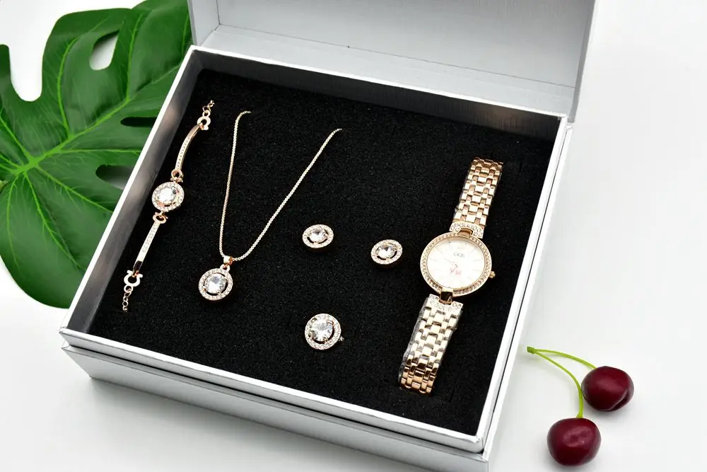 Женские кварцевые часы, набор, роскошный браслет из пяти частей, ожерелье, кольцо, серьги, подарок на день рождения, модный подарок на день Святого Валентина с коробкой