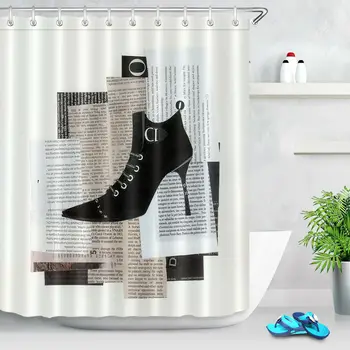 

Vintage Newspaper High Heels Shower Curtain Set Waterproof Fabric Bathroom Custom
