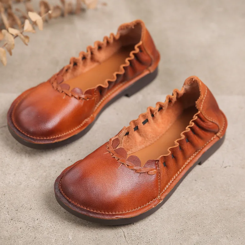 

Туфли женские из натуральной кожи, блестящие, без застежки, балетки, круглый носок, модная повседневная мягкая удобная ретро Обувь