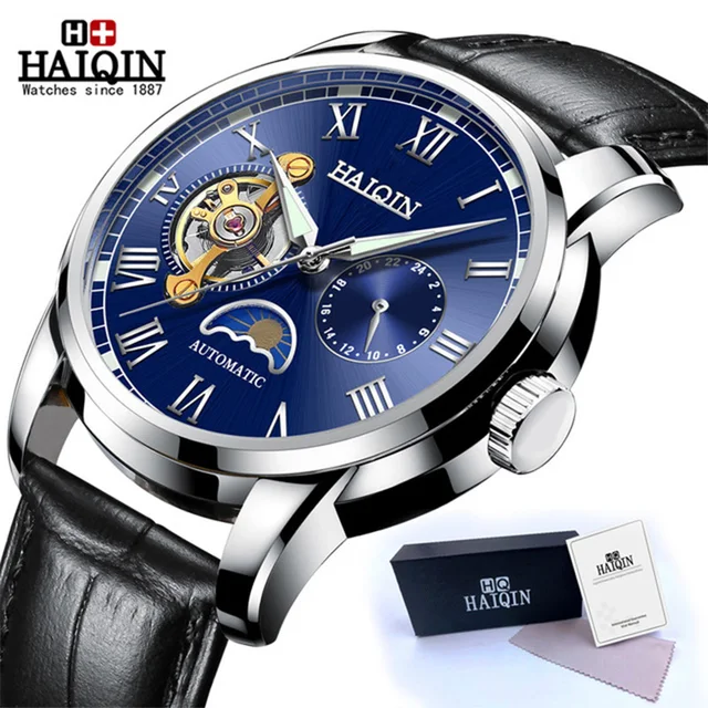 HAIQIN Automatic Mechanical Watch Men Stainless Steel Watches Mens Brand Luxury Business Waterproof Wristwatch relogio masculino Silver Blue