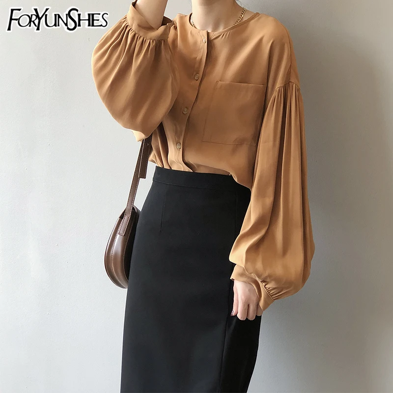

FORYUNSHES Women's Solid Retro Blouse Long Lantern Sleeve O-neck Shirts 2020 Autumn Fashion Korean Style Femme Elagant Tops