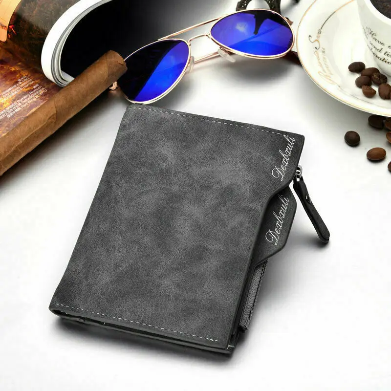 Mens Leather Business Soft Wallet Coins Waterproof Solid Color Wallet Pocket Credit Card Holder Purse with Zip