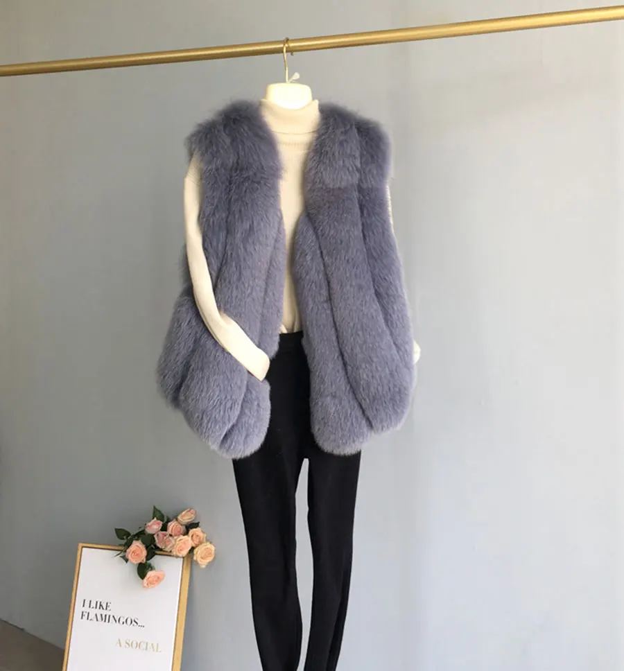 Grey Зимние Модные теплые новые стильные короткие жилеты из лисьего меха с v-образным вырезом без рукавов жилеты из натурального меха женская одежда - Color: Grey