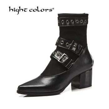 

32~48 winter new European and British retro thick with belt buckle boots high heel elastic women's boots large size Dx3-27