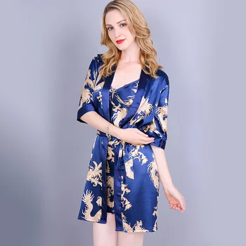 

Women New Satin Robe Set Breathable Print Dragon Sleepwear Nightgown Home Gown Chinese Style 2PCS Strap&Robe Dress M-XL