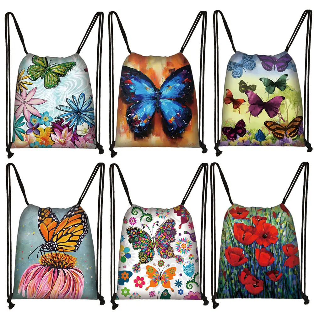 Mochila Floral de mariposa para mujer, bolso de almacenamiento con cordón para viaje, mochila de día para chica adolescente, regalo