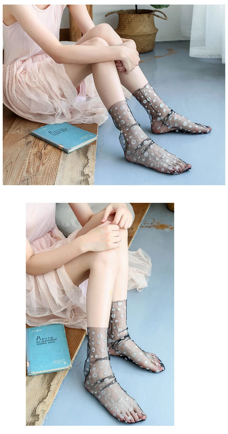 Блестящие тюлевые носки в горошек для женщин, прозрачные длинные гольфы, тонкие забавные носки, уличная одежда, calcetines mujer