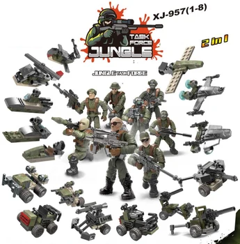 

Modern miliary Jungle task force army figures mega block fighter speedboat jeeps Howitzers helicopters armored vehicle brick toy