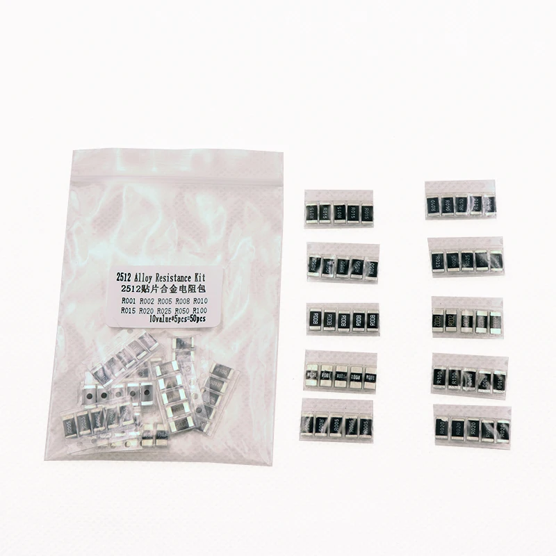 50PCS Alloy resistance 2512 SMD Resistor Samples kit ,10 kindsX5pcs=50pcs R001 R002 R005 R008 R010 R015 R020 R025 R050 R100