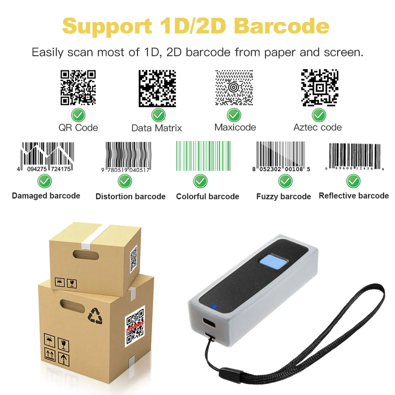Holyhah M2D Mini Barcode Scanner USB Wired BT 2.4G Wireless 1D 2D QR PDF417 Bar code for iPad iPhone Android Tablets PC M2C CCD