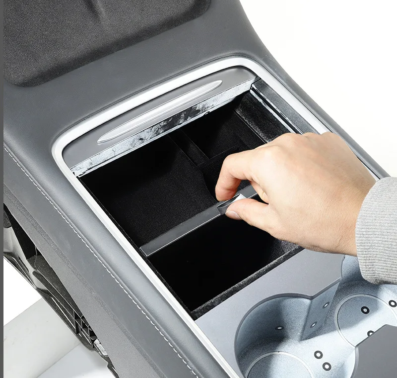 TEFUN For Tesla Model 3 Y 2021 2022 Storage Box Car Central Armrest Flocking/ABS Storage Box Organizer Model 3 2021 Accessories