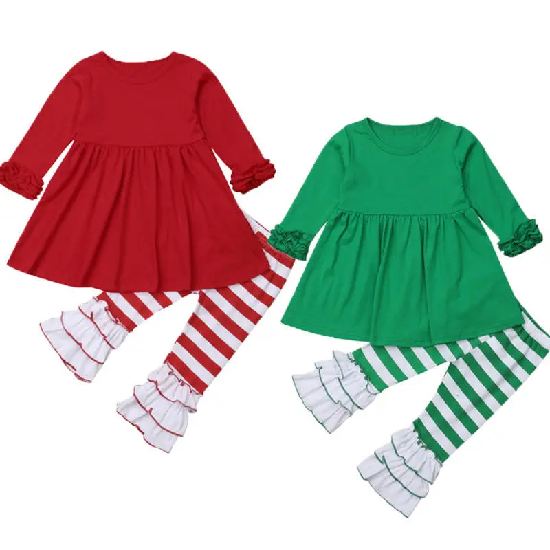 

New Cute Christmas Striped Toddler Infant Baby Girls Clothes Tops Dress+Long Ruffle Pants Outfits