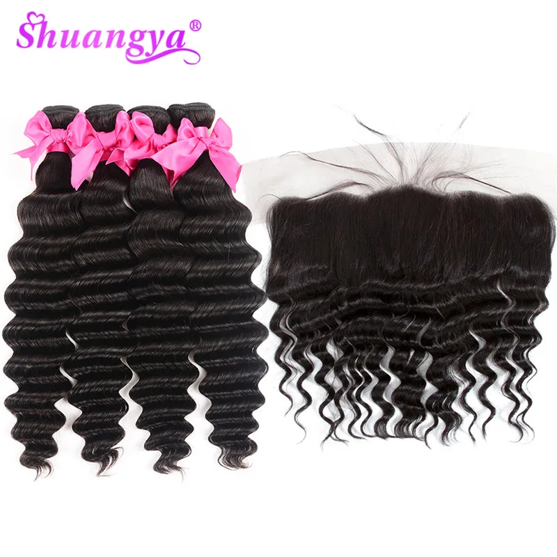 Feixes de Cabelo Malaio com Frontal Encerramento com Bundles Humano com Frontal Onda Profunda Solto Lace Frontal Remy 13x6 5 Pacotes com 3/4 com fecho