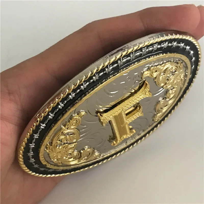 Retail New Style Oval Golden F Initial Letter Men Belt Buckle With Metal Cowboy Belt Head Jewelry For 4cm Wide Belt