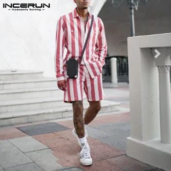 

INCERUN Men Fashion Striped Long Sleeve Lapel Shirt+Shorts 2 Piece Sets Casual Trend Streetwear Baggy Mens Summer Outfits Suit