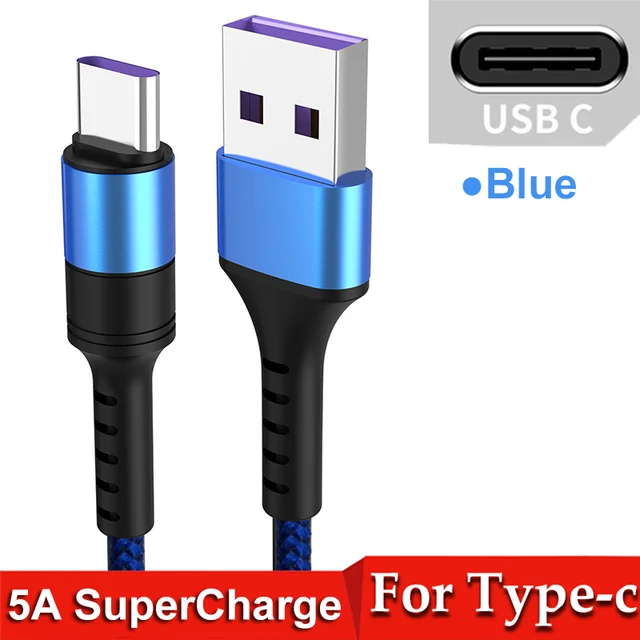 5A USB Type C Cable 0.25m 1m 2m Fast Charging Type-C Cable For Huawei P30 P20 Mate 20 Pro Phone Super Charge QC3.0 USB C Cabo Blue