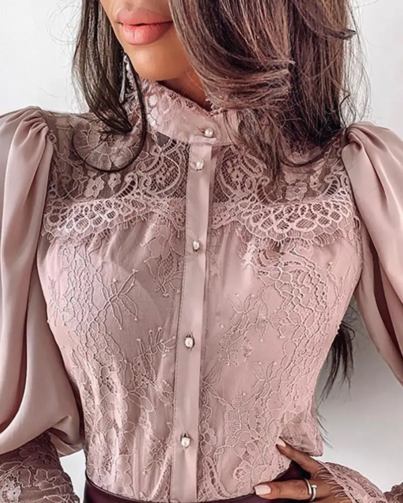 Женская кружевная блузка на пуговицах с длинным рукавом|Блузки| |