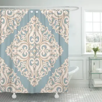 

Damask Pattern Blue and Beige Pastel Pearls As Shower Curtain Waterproof Polyester Fabric 60 x 72 Inches Set with Hooks