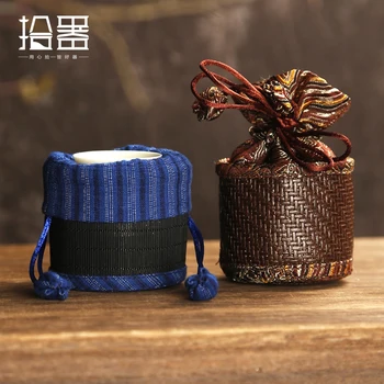 

Rattan woven bamboo cup cage tea set storage bag Mini Kung Fu tea cup bag small travel portable bundle mouth cotton hemp Master
