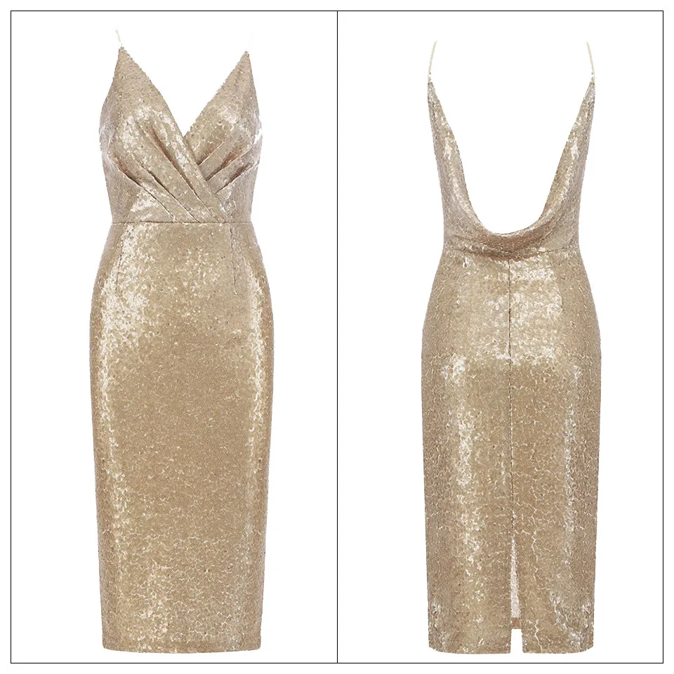 Высококачественное сексуальное женское платье с глубоким v-образным вырезом на бретельках с открытой спиной и золотыми блестками, женское платье до середины икры, рождественское платье для вечеринок подиума