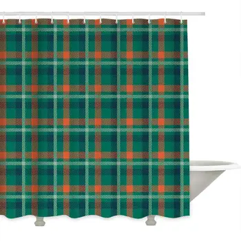 

Bathroom Shower Curtains Christmas Green Buffalo Check Plaid Waterproof Polyester Fabric Bath Curtain Set with Hooks