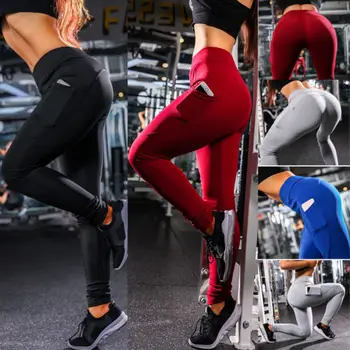 

Spring fitness legging Women's High Waist Pocket High Elasticity Trousers Compression Fitness Leggings Running Pants Joggers