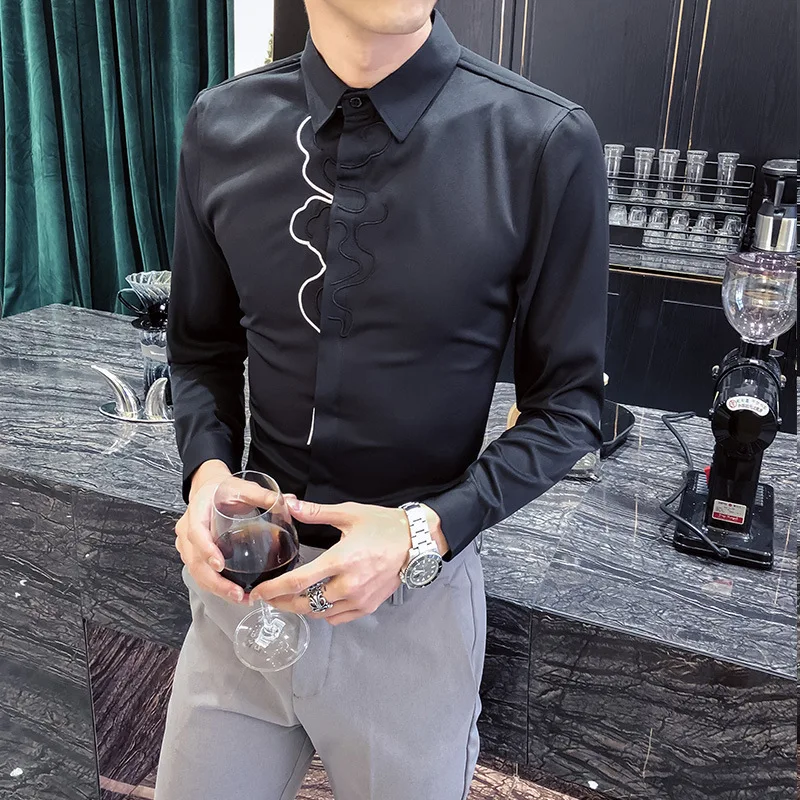 Мужские рубашки с вышивкой, повседневные, облегающие, Camisa Social camiseta Masculina, деловые рубашки, дизайнерские рубашки для смокинга, мужские белые рубашки