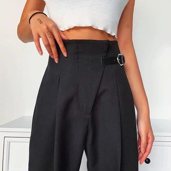 

High-waist-slimming solid-color side fastener suit trousers for women 2020 new straight tube high-fitting street slacks
