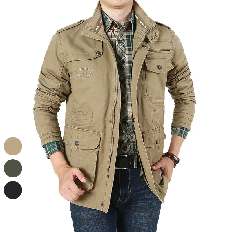 

7XL Outdoor Spring And Autumn Pure Cotton Middle Long Coat Solid Color Large Size Jacket Men Jacket 8255
