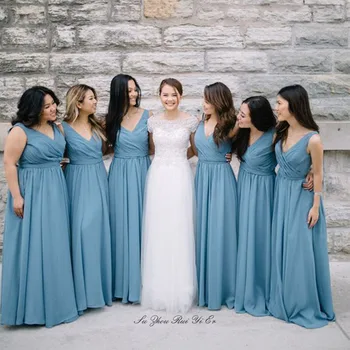 

Vestido De Festa V-neck Bridesmaid Dresses Lace Up Floor Length A-line Chiffon Wedding Party Dress Vestidos De Fiesta De Noche