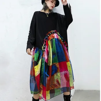

XUXI Early Spring Sexy Dress Women Mid-long Dress Western Style Belly-covering Stitching Chiffon Long Sleeve Large Size FZ1646