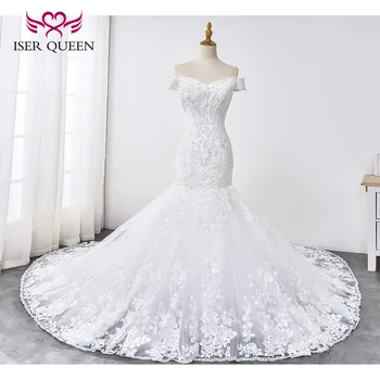 

Cap Sleeves Sequined and Beading Delicate Embroidery Mermaid Wedding Dresses Pure White Lace up Robe De Mariee wx0033