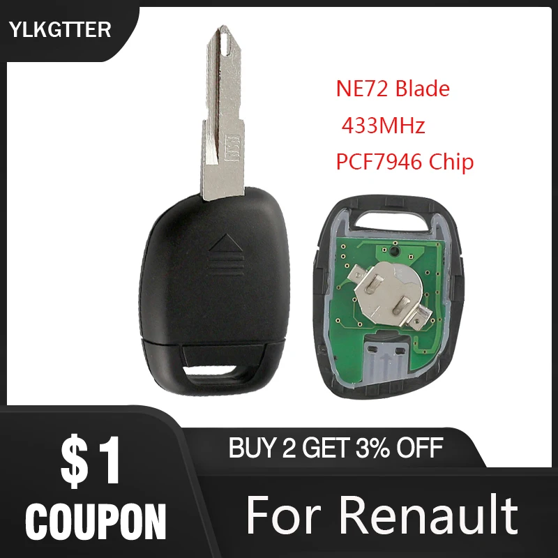 

YLKGTTER 433MHz PCF7946 Chip Car Remote Key Fit for Renault Master Kangoo Clio Twingo With NE72 Uncut DIY Blade