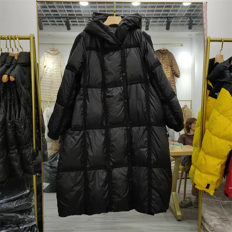 

FMFSSOM Winter 90% White Duck Down Plaid Jacket Women Long Hooded Coats Lady Warm Soft Korean Style Casual Snow Outwear
