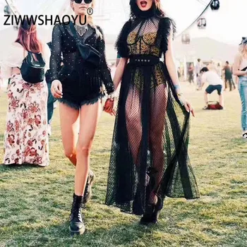 

ZIWWSHAOYU Sexy Black Grid Transparent Black Long Dress Women's Leopard Print Lined Summer Party Designer Maxi Dresses 2020