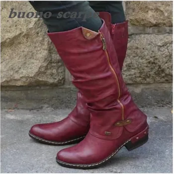

2019 round toe casual women's leather boots side zip mid heel women Martin boots
