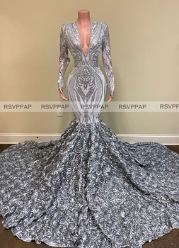 

Long Mermaid Prom Dresses 2020 Exquisite Glitter Sequin Top 3D Flowers V-neck Long Sleeve Silver African Girl Prom Gowns