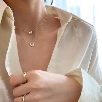 

2020 New Chic Korean 18k Gold Plated Crystal Filled Smooth Double Butterfly Layered Necklaces For Lady Women Necklace