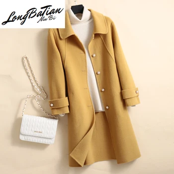 

High Quality Double sided Coat Women Medium Long Doll Collar Wool Jacket Cashmere Autumn Winter Elegant Office Lady Outwear