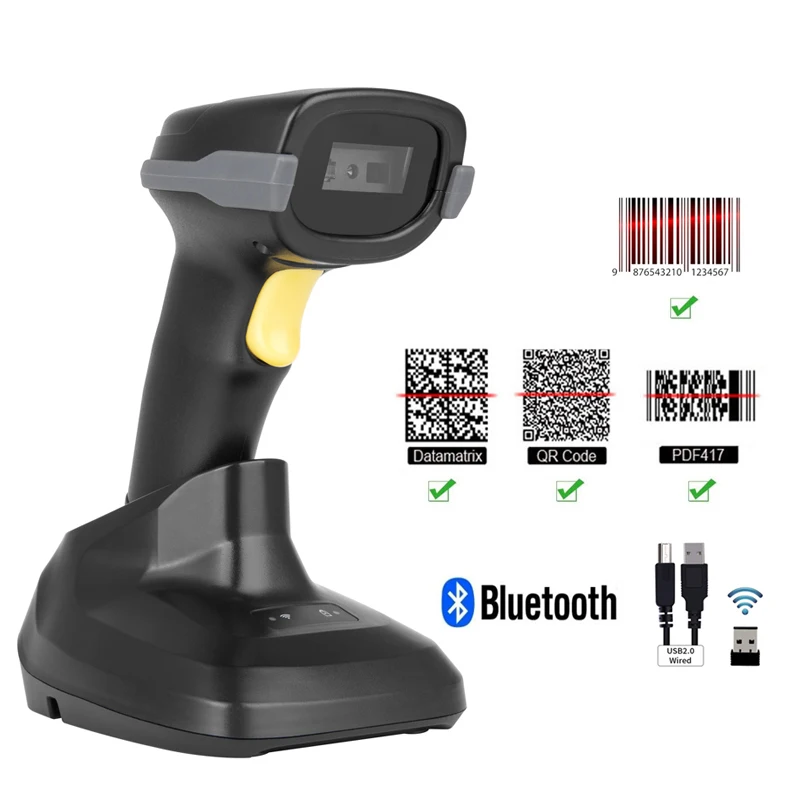 Bluetooth Wireless 2D Barcode Scanner A6 with Charged Base and Wired QR Bar Code Reader For Warehouse Supermarket