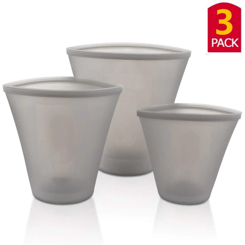 Grey cup 3pcs 8Pcs Silicone Food Storage Bag Fresh Bowl Fridge Organizer Reusable Stand Up Zips Shut Bag Fruit Vegetable Cup Bag With Seal - Цвет: Grey cup 3pcs
