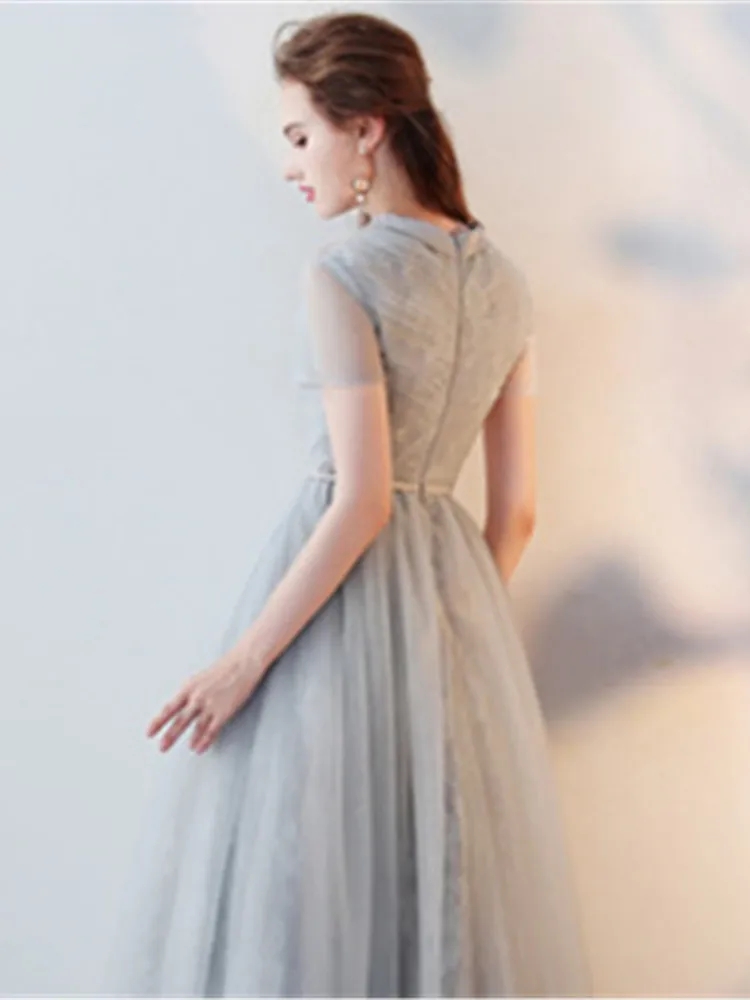 Вечернее платье Мода o-образным вырезом с коротким рукавом Деловая одежда кружевные женские вечерние платья на молнии с рюшами элегантное женское платье De Soiree LX430